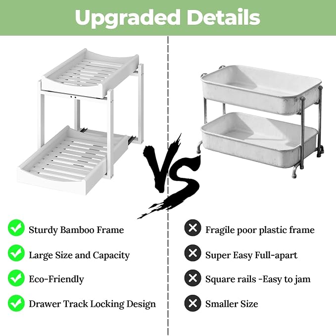 MHXW SXPN Bamboo Under Sink Organizer, 2 Pack Pull Out Cabinet Organizer | 2 Tier Vertical Smooth Slide Out Undersink Storage Shelf | Multi-Purpose Organizer Shelves for Kitchen Bathroom Medicine - Image 6