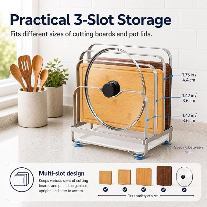 Cutting Board Organizer Rack with Draining Tray, 3 Slot | Stainless Steel Boards Holder for Kitchen Countertop, Heavy Duty Anti-Slip Stand for Thick & Thin Boards Pot Lid, Rustproof - Image 3