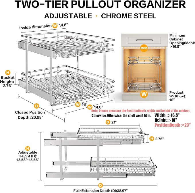 2-Tier Kitchen Cabinet Pull Out Shelf and Drawer Organizer Slide Out Pantry Storaqe Basket in Multiple Sizes (16" W x 21" D) - Image 2