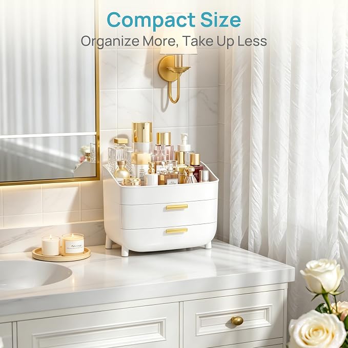 Vtopmart 3-Tier Skincare Makeup Organizer with Drawers, White | For Vanity,Dresser and Bathroom Countertop, Large Cosmetic Storage Box Case, , With Drawer, Non-Slip Base - Image 5