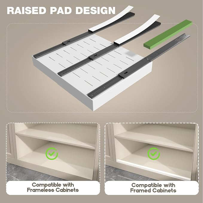 Seinloes 2 Pack Pull Out Cabinet Organizer 18" Deep,Full Extension 3 Slide Rails Slide Out Drawers With Raising Pad for Framed Cabinets,Expandable Width (12.3"-20.5"),No Drill Roll Out shelf,White - Image 4