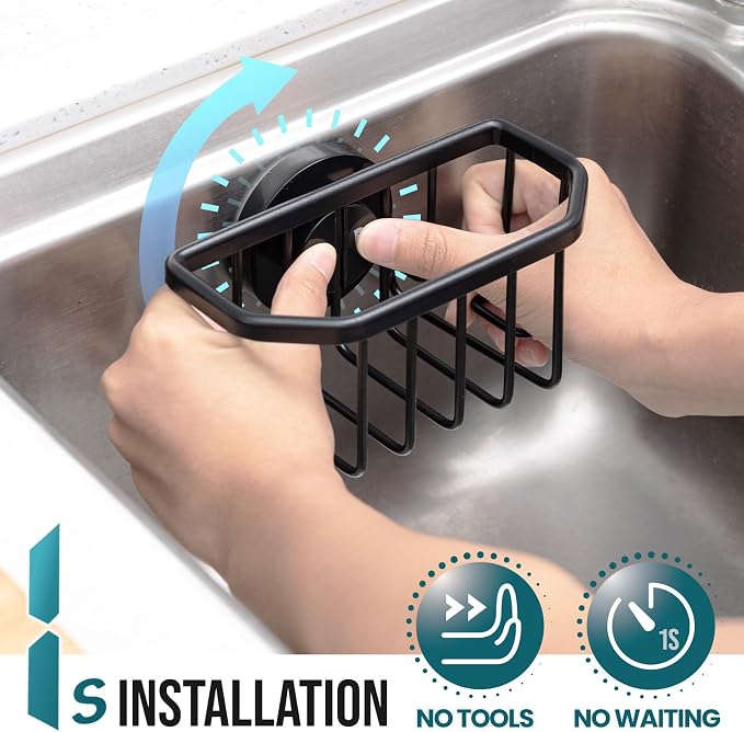 TAILI Sponge Holder for Kitchen Sink with Suction Cup-Black Aluminum | Rustproof Aluminum Sink Caddy for Sponges,Brushes,Stoppers & Scrapers,Removable Ventilated Quick-dry Design, holds Up 11lbs - Image 2