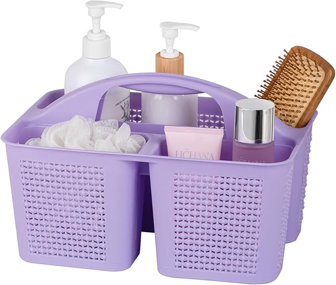 Plastic Portable Shower Caddy Basket with Handle, 3 Compartments, Purple | Storage Organizer with Drain Holes, Sturdy and Durable For Bathroom, Kitchen, College Dorm, Sink, Camping by UUJOLY