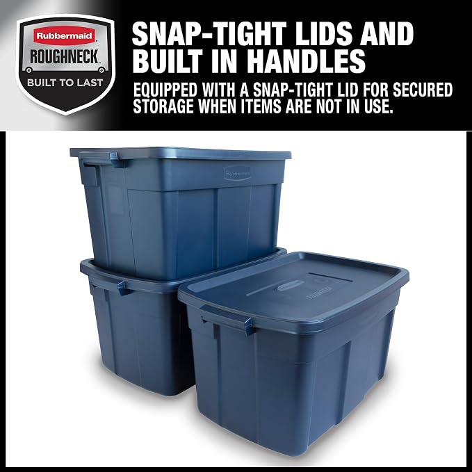Rubbermaid Roughneck Tote 31 Gal, 3 Pack, Made in USA, Dark Indigo Metallic, Rugged Plastic Stackable Storage Bins with Lids and Handles - Image 4