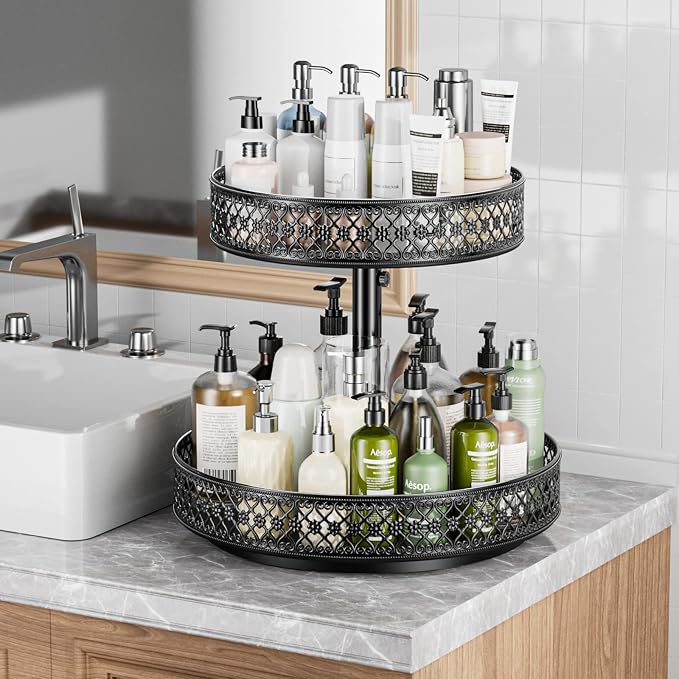 2 Tier Lazy Susan Organizer - Adjustable Rotating Spice Rack 12 inch | Floral Turntable Lazy Susan for Cabinet Pantry Kitchen Countertop Table Top Cupboard Bathroom Vanity Storage Metal Black - Image 7