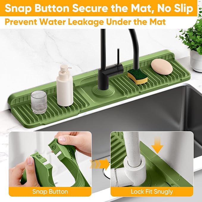 24'' Longer Faucet Mat for Kitchen Sink Splash Guard[7° Slope Fast Self-draining][Snap Lock Fit]Kitchen Sink Faucet Mat Splash Guard Kitchen Sink Area Water Splash Guard Behind Faucet Draining Mat - Image 4