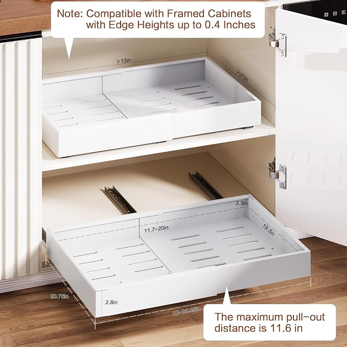 Pull out Cabinet Organizer,Extendable (12"-20") Heavy-Duty Pull-Out Drawers – Secured with Nano Adhesive Tape, Ideal for Cookware Storage, for Kitchen Base Cabinets (21" Dx12-20" W(1 Pack)) - Image 6