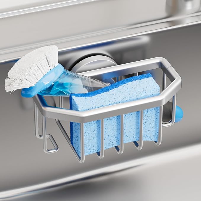 TAILI Sink Caddy with Strong Suction Cup, Sponge Holder for Sink-Silver | for Kitchen Sink Organizer, Removable Sponge Caddy Inside Sink, Rustproof Aluminum Holder for Sponges, Brushes, Scrubber by TAILI