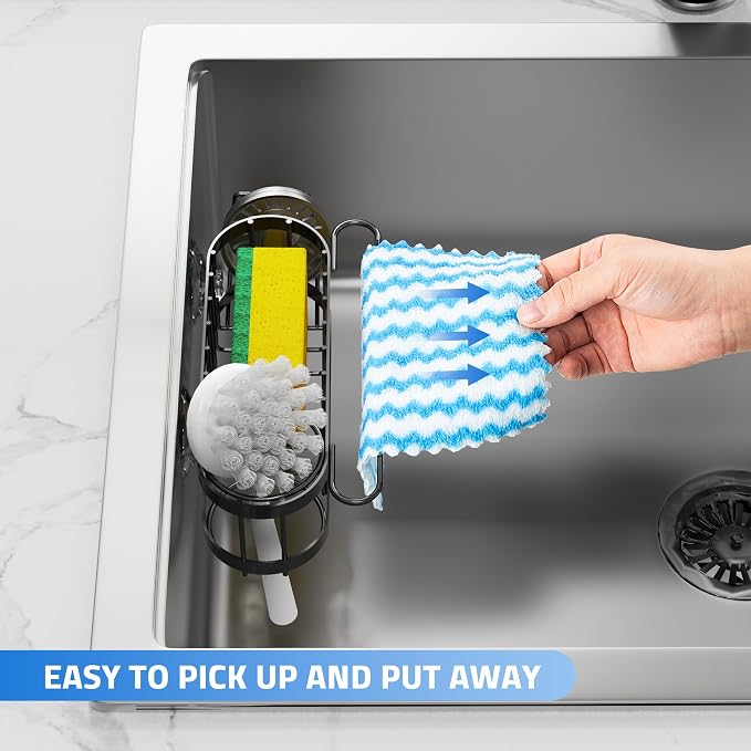 Cisily Kitchen Sponge Holder for Kitchen Sink with 2 Suction Cups/1 Adhesive Strips, Stainless Steel Kitchen Caddy Sink Organizer, Brush Holder, Dish Cloth Hanger, Sink Stopper Holder (Black) - Image 3