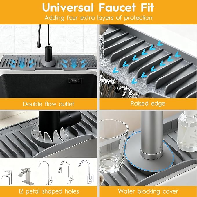 16" Silicone Faucet Mat for Kitchen Sink of The Lastest, Dark Grey | 8° Slope Fast Self-draining, Kitchen Sink Water Splash Guard, Behind Faucet Draining Mat, for Bathroom Kitchen Sink Area - Image 7