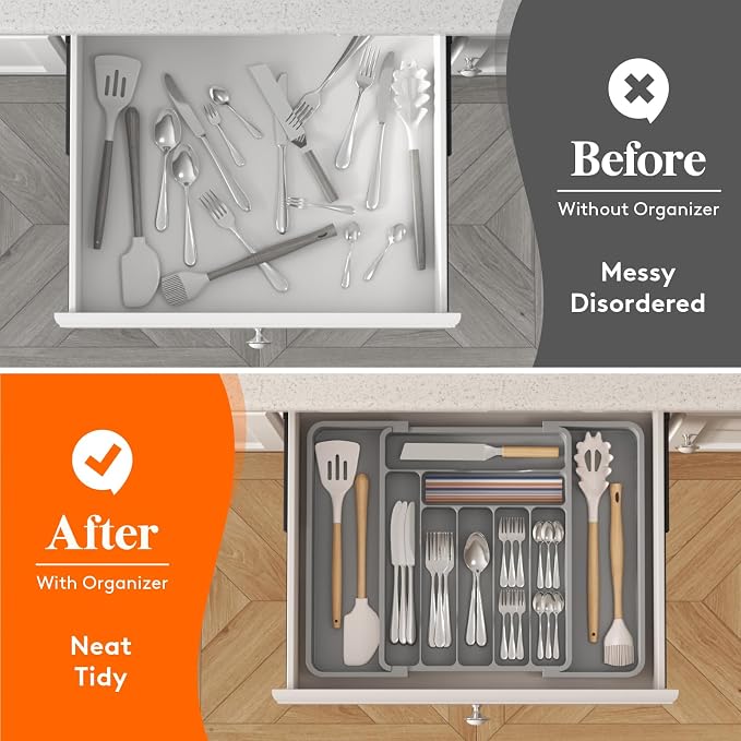 Lifewit Utensil Organizer for Kitchen Drawer, Expandable Cooking Silverware Tray, Adjustable Cutlery Flatware Holder, Plastic Spatula Tools Storage Divider, 11.8-19.6 x 15", Gray - Image 8