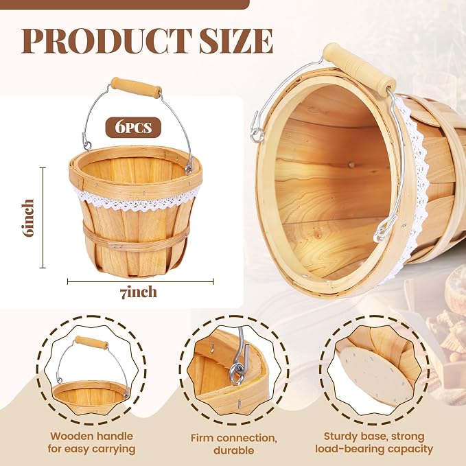 Wooden Baskets 7" x 6", 6 Pack Natural Apple Harvest Baskets | Round Handled Baskets Hold Produce, Flowers, Easter Eggs Or Favors for Farms, Markets, Weddings, Parties and Decor - Image 3