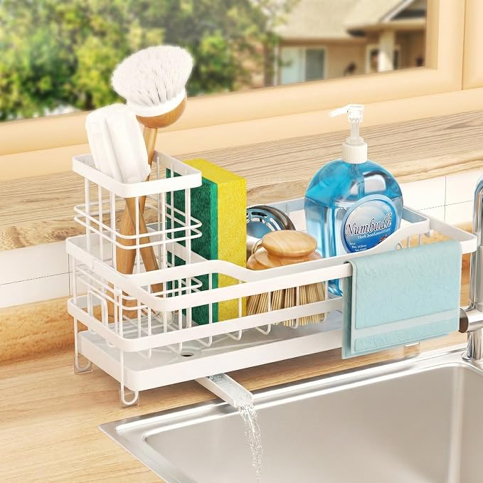 Sponge Holder for Kitchen Sink, Self-draining Sink Organizer with Towel Rack and Brush Holder, Metal Kitchen Sink Organizer for Countertop, White by GUUKAR