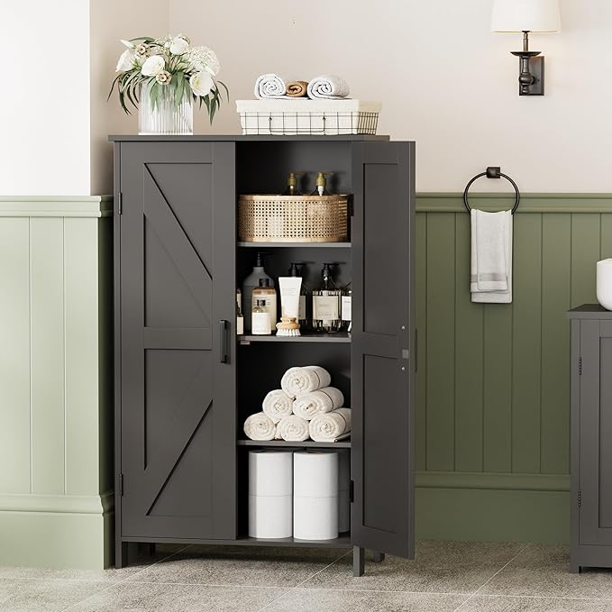 Homleke 43.3" H Farmhouse Bathroom Storage Cabinet with Adjustable Shelves | Freestanding Storage Cabinet with Barn Doors for Bathroom, Kitchen, Living Room, Dining Room & Entryway, Black - Image 2
