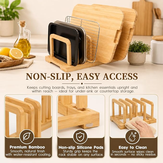 5-Slot Adjustable Cutting Board Rack,Bamboo Cutting Board Organizer Stand Holder,Chopping Board Holder,Pot Pan Lid Rack kitchen Shelf Bakeware for Kitchen Storage - Image 7