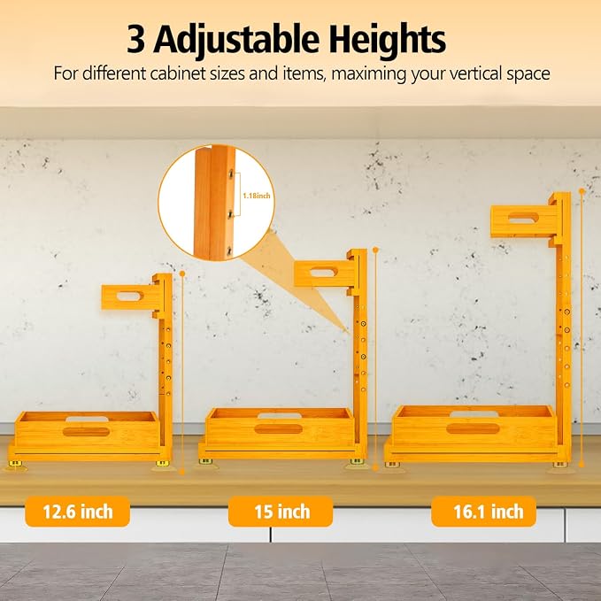 Under Sink Organizer, Premium Bamboo Wood Pull Out Cabinet Organizer, 2 Tier Slide Out Sink Shelf Cabinet Storage Shelves, Under Sink Storage for Kitchen Bathroom Cabinet - Image 3