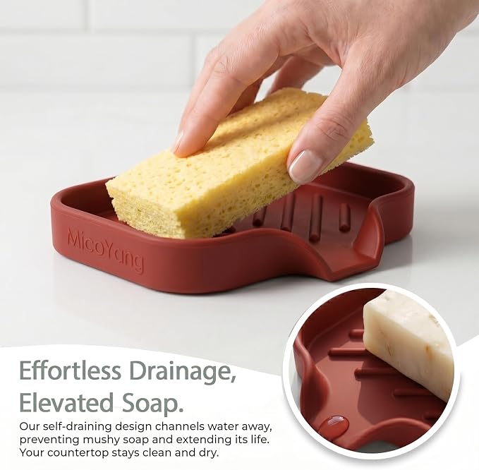 MicoYang Silicone Soap Dish with Drain Spout, Self-Draining Sink Organizer Tray for Bathroom and Kitchen, Sponges, Dispensers and Soap Holder, Non-Slip and Dishwasher Safe, Red (Compact, 4.9"×3.2") - Image 7