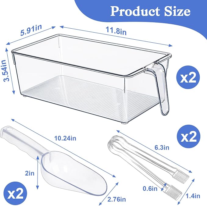 DGB 2 Sets Clear Ice Bucket for Freezer, Ice Storage Bin & Holder | Freezer Ice Bin, Pull-Out Handle, Ice Cube Container, Scoop & Tongs, Home Bar, Fridge Organization,11.8 x 5.91 x 3.54 Inches - Image 2