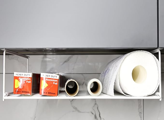 EHKIT Foil and Plastic Wrap Organizer Holder Foldable Under Cabinet Shelf Kitchen Pantry Desk Hanging Storage Rack (White) by EHKIT