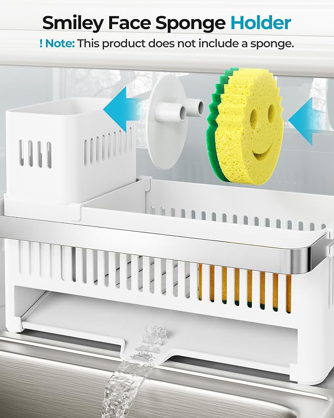 Nieifi Sponge Holder, White Rustproof ABS Sink Caddy with Towel Rack | Smiley Sponge and Brush Holders with Drainage to Keep Items Dry. 10"L x 4.5"D. Kitchen Counter Organizer & Essential Storage. - Image 4