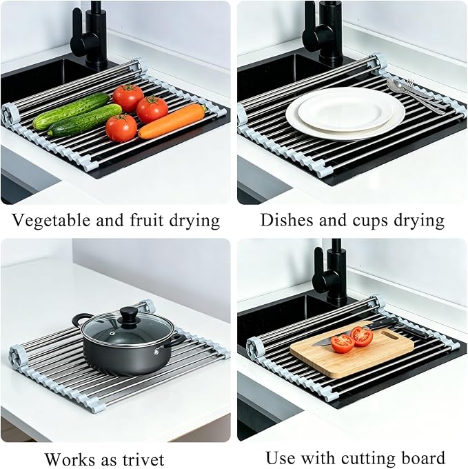 Roll Up Dish Drying Rack 17.5''x15.7'' Gray | Kitchen Rolling Dish Drainer, Foldable Sink Rack Mat Stainless Steel Wire Dish Drying Rack for Kitchen Sink Counter Storage - Image 5