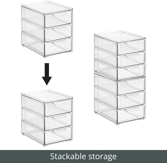 mDesign Plastic Stackable 3-Drawer Kitchen Storage Organizer - Bin with Divided Pull-Out Drawers for Pantry, Shelf, Fridge/Refrigerator, and Freezer Organization - Lumiere Collection - Clear - Image 4