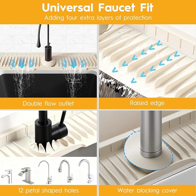24" Silicone Faucet Mat for Kitchen Sink of The Lastest, Beige | 8° Slope Fast Self-draining, Kitchen Sink Water Splash Guard, Behind Faucet Draining Mat, for Bathroom Kitchen Sink Area - Image 7