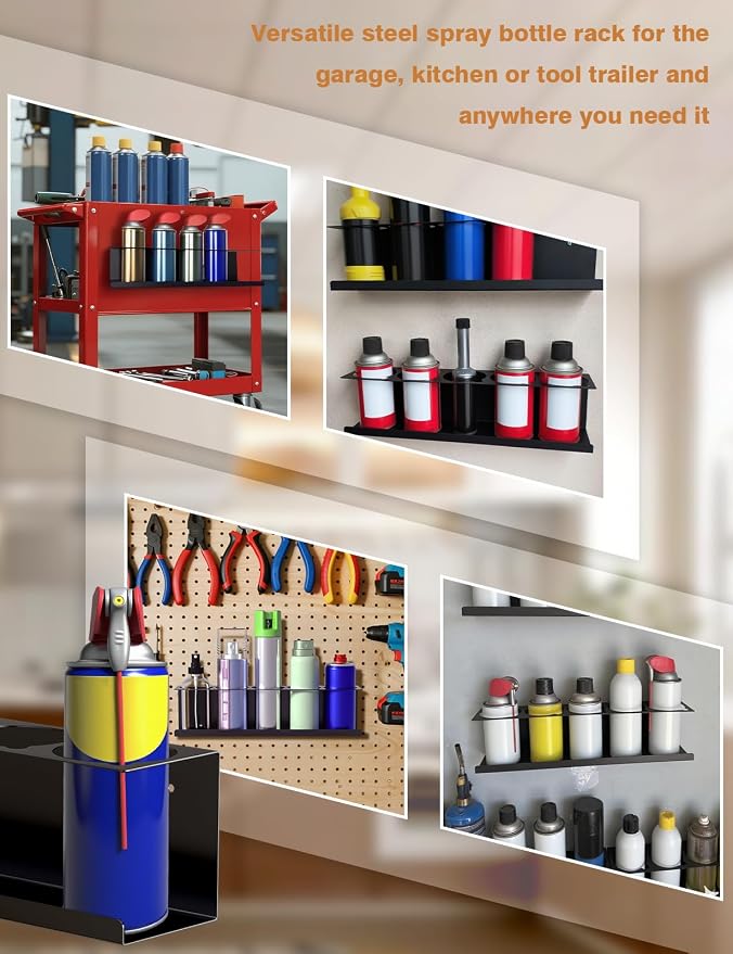 sogiv 6 Pack Spray Can Holder Organizer, Wall-Mounted Steel Spray Bottle Rack, Tool Box Storage Rack, 5 Cans Metal Paint Can Organizer for Garage, Workspace, Shop, Home or Tool Trailer, Black - Image 7