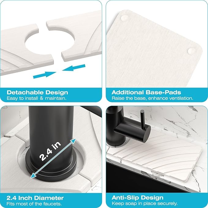SpaceHacks Stone Faucet Mat for Kitchen Sink 15.7x4 in, White | Fast Drying Diatomite Stone Drying Mat, Water Splash Guard, Textured Drainage Sink Protector, Suits Bathroom&Kitchen Counter - Image 5