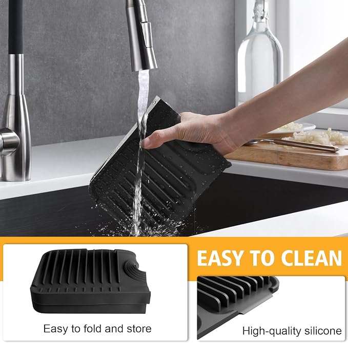 14.6-Inch Kitchen Sink Splash Guard Mat | 7° Slope for Fast Self-Draining | Snap-Lock Design | Universal & Cuttable Silicone Faucet Mat BLACK - Image 7
