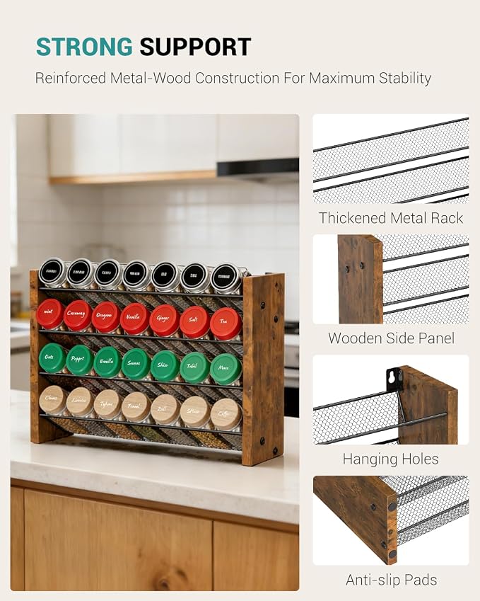 Spice Rack Organizer for Cabinet, Seasoning Organizer Wall Mount Countertop | Holds 28 Standard 4 oz Jars, Fits Bottle Under 1.8 in Wide, Kitchen Countertop Shelf, No Jars Included, 14"W x 9.4"H, Brown - Image 7