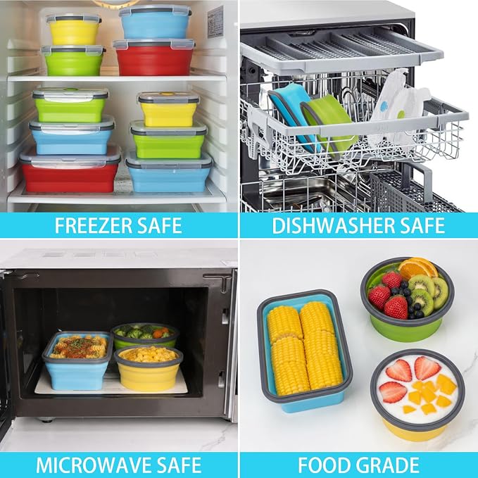 Collapsible Food Storage Containers with Lid & Air Vent, 8 Pack, 4 Rectangular + 4 Round, Annaklin Foldable Silicone Lunch Containers Collapsible Bowls Set, Microwave Freezer Dishwasher Safe, 4 Colors - Image 4