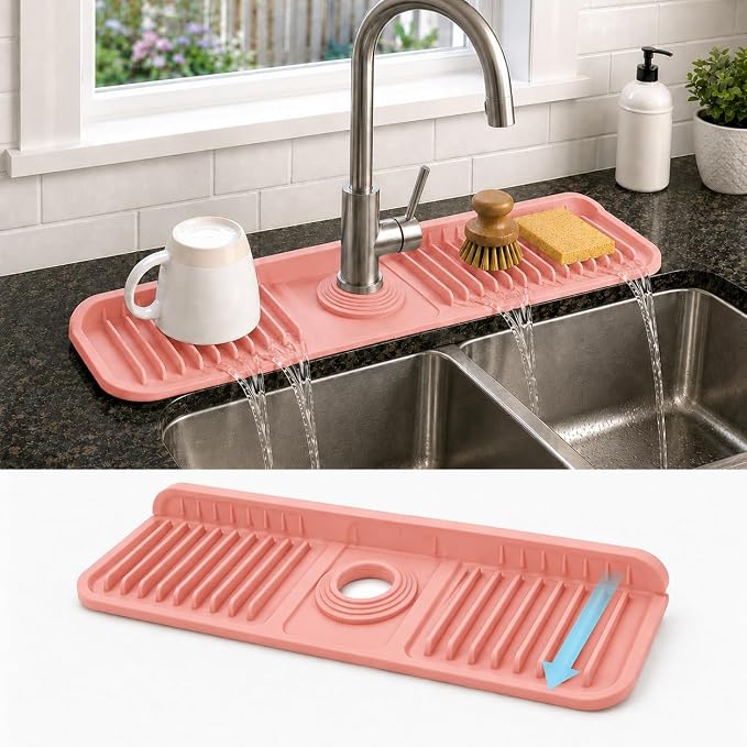 17" Silicone Faucet Handle Drip Catcher Tray,7° Sloped Self Draining Mat with Snap-on Design & Soap Holder, Sink Splash Guard for Kitchen & Bathroom, Trim-to-Fit Opening by Unknown
