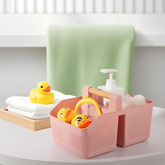 Plastic Shower Caddy Portable Shower Basket with Bamboo Handle, Pink | Cleaning Caddy Organizer Storage Tote for Bathroom, College Dorm Essentials, Bath Toy Storage - Image 6