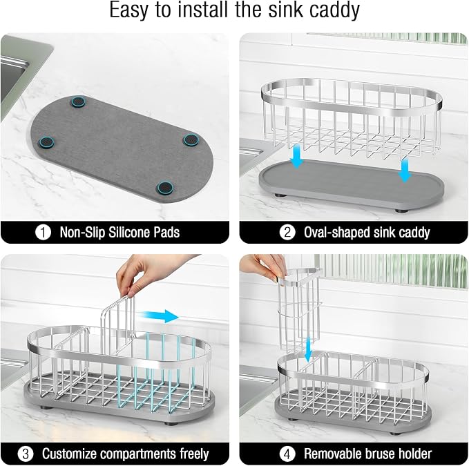 Sink Caddy Kitchen Sink Organizer, Sponge & Brush Holder, Stone Drying Mat | Space-Saving Sink Sponge Holder with Full-Size Tool Storage, Fits Most Sinks, Kitchen Sink Accessory and Countertop Organizer - Image 5