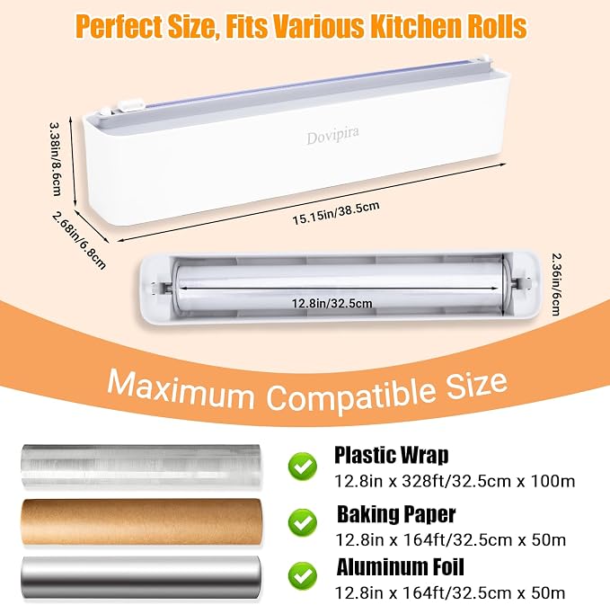2 Pack Magnetic Plastic Wrap and Foil Dispenser with Cutter | Magnetic & Adhesive Mounting, Fits for Max 12.8In x 328Ft of Plastic Wrap, 12.8In x 164Ft of Foil & Parchment Paper - Image 2