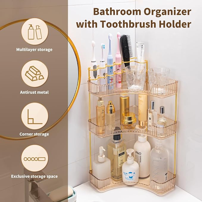 Makeup Organizer 3-Tier Bathroom Counter Organizer with Makeup Brush Holder | Corner Bathroom Organizer Countertop, Acrylic Counter Storage for Bathroom Dresser, Skincare Perfume Organizer- Amber Gold - Image 6