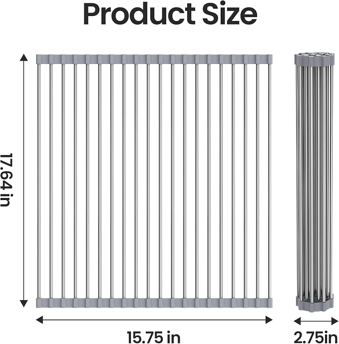 Roll Up Over Dish Rack 17.7”Lx15.5”W, Kitchen Drainer Rack, Gray - Image 6