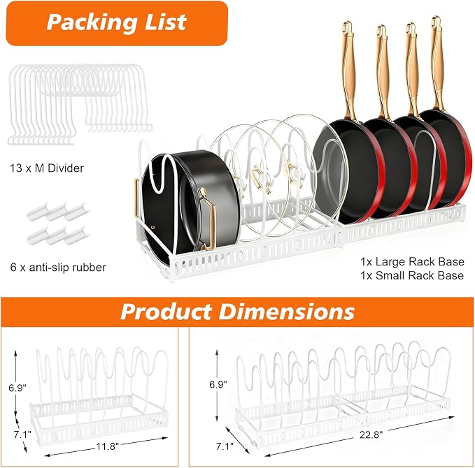 Expandable Pots and Pans Organizer Rack for Under-Cabinet Storage - Adjustable Kitchen Cabinet Organizer with 13 Dividers, Cutting Board Holder & 6 Non-Slip Silicone Pads-White - Image 6