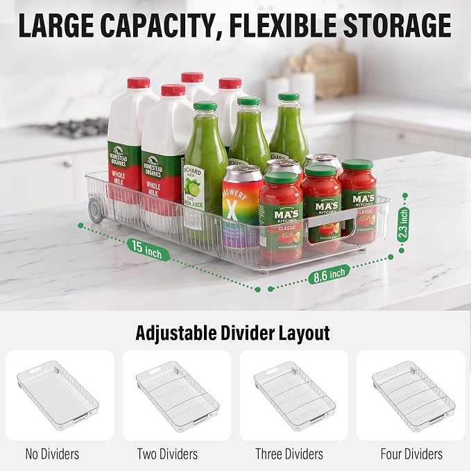 Pull Out Fridge Organizer Bins with Wheels, 8 Dividers, 2-Pack | Clear PET storage bins with handles, rear wheels and adjustable dividers for refrigerator, pantry and cabinet shelves - Image 3