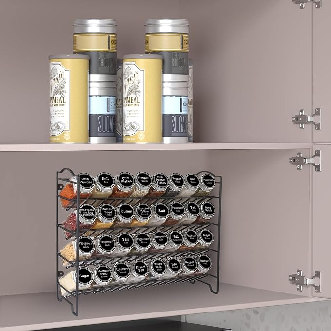 SWOMMOLY Spice Rack Organizer with 32 Glass Spice Jars and 396 Spice Labels | Chalk Marker, Funnel - Spice Organizer for Cabinet, Countertop, Pantry, Cupboard & Wall Mount, 14.8" W × 12.6" H, Black - Image 2