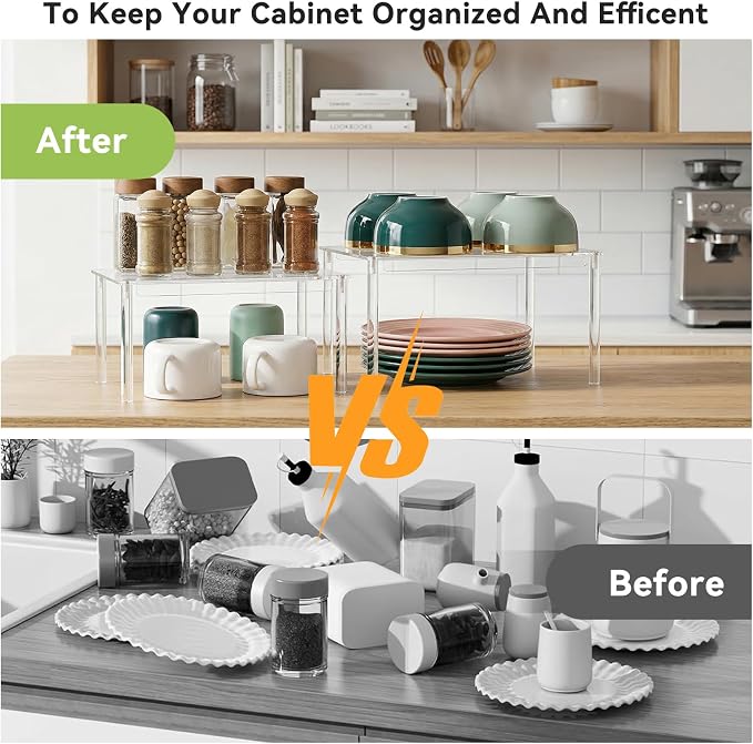 OTraki Acrylic Cabinet Organizer Set of 2 Stackable Clear Cabinet Shelf | Kitchen Pantry Organizers and Storage Display Pantry Cabinet Shelf Shelf Organizer for Dishes, Spices, Soda Cans and Bottles - Image 4
