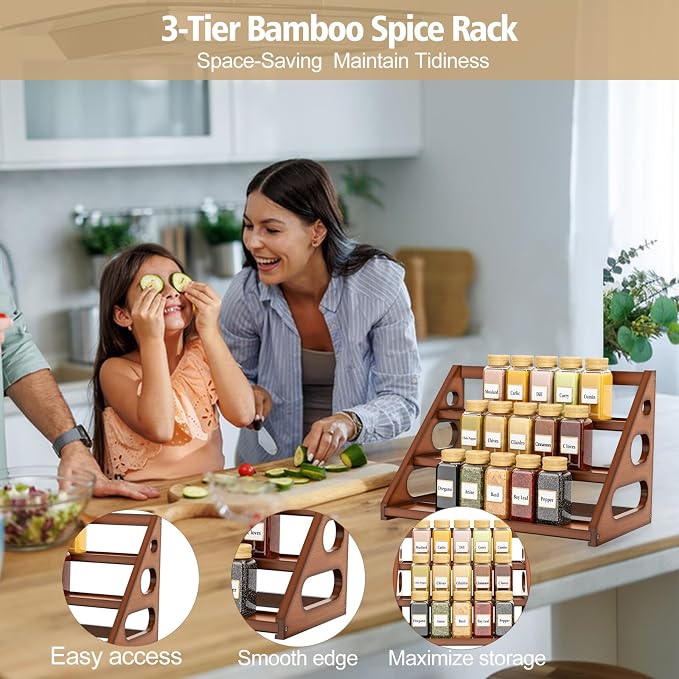 Spice Rack - Tiered Spice Rack Organization for Cabinet - 3 Tier Bamboo Display Spice Shelf for Countertop - Image 5