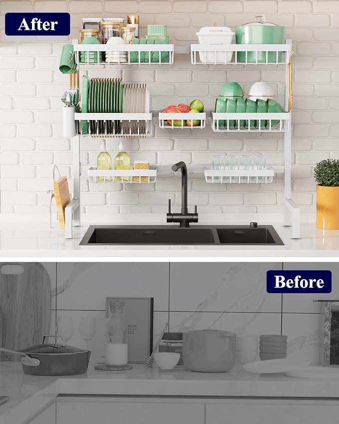 Kitsure Adjustable Over The Sink Dish Drying Rack, 31.5" -39.4" x 30.3" | Sink Drying Rack for Kitchen Sink, Dish Rack Over Sink with Cutlery & Utensil Holders, Kitchen Storage, White - Image 3