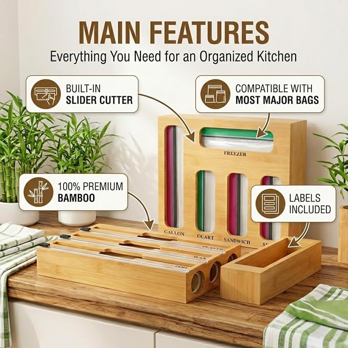 9 in 1 Storage Bag Organizer for Kitchen Drawer,Bamboo Foil and Plastic Wrap Dispenser with Cutter, Organizers Compatible Gallon, Quart, Sandwich Snack - Image 3