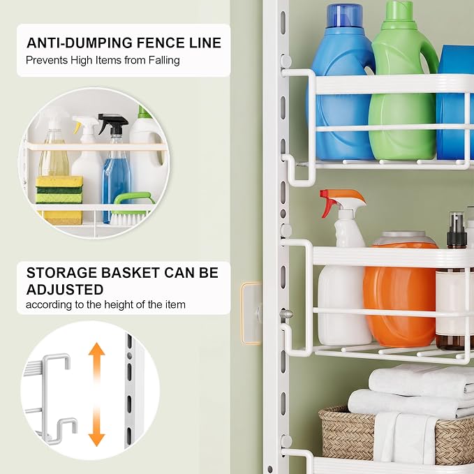 Over the Door Pantry Organizer, Adjustable 6 Tier Wide Storage Shelves with Hooks Fit Thin Doors Hold Spices Rack for Pantry Kitchen RV, White - Image 7
