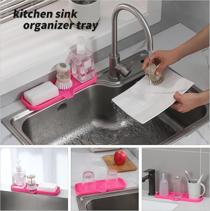 MicoYang Silicone Soap Dish with Drain Spout — Self-Draining Double Sink Organizer Tray for Kitchen & Bathroom, Dispensers, Sponges & Soap Holder, Non-Slip & Dishwasher Safe, Rose (Large, 12"×4") - Image 5