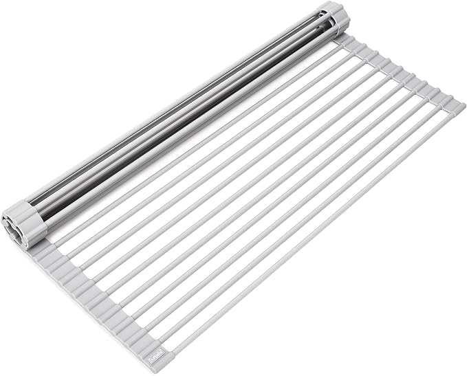 20.5 x 15.5 Inch Roll-Up Dish Drying Rack, Fits Across Sink Openings up to 19.5 Inches, Heavy-Duty Premium Silicone, Strong Support, Non-Slip, Heat-Resistant, Warm Gray by Surpahs