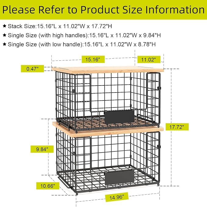 2 Pack Stackable Wire Baskets with Bamboo Top,Pantry Organizers Counter | Potato and Onion Storage Bin with Labels & 2 Pads, Kitchen Organization for Fruit, Vegetable, Produce, Bread, Cabinet - Image 5