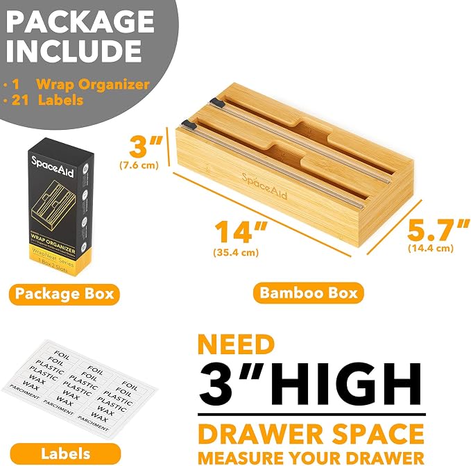 SpaceAid WrapNeat 2 in 1 Wrap Organizer with Cutter and Labels, Plastic Wrap, Aluminum Foil and Wax Bamboo Dispenser for Kitchen Storage Organization Holder for 12" Roll (Natural) - Image 4